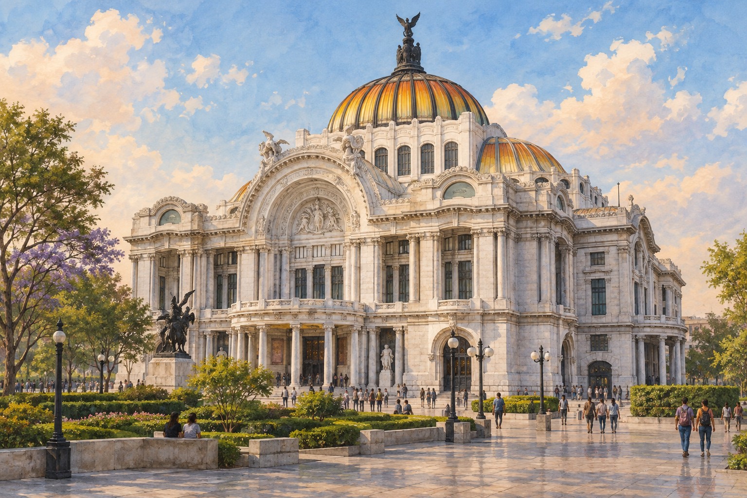 Painterly editorial illustration of Palacio de Bellas Artes, Mexico City